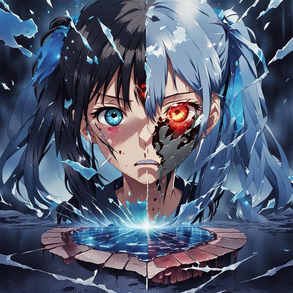 Shattered Anime Face: Woman and Deity in Manga Style