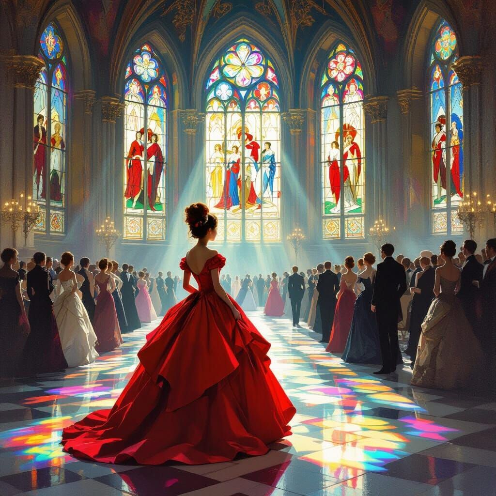 Joyful Teen in Red Gown Amazed by Ballroom's Grandeur