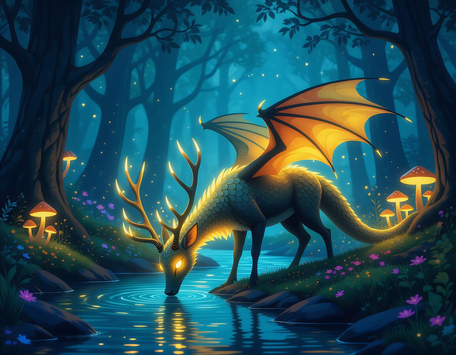 Fantasy Deer-Dragon Drinks by Moonlit River in Glowing Fores...