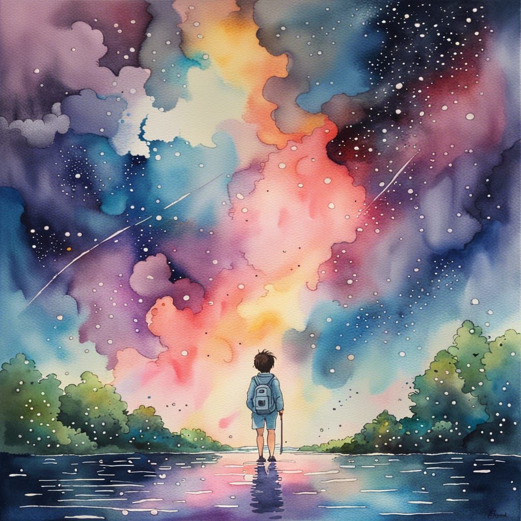 Nebula Sky Over Savannah: Watercolor by Ghibli