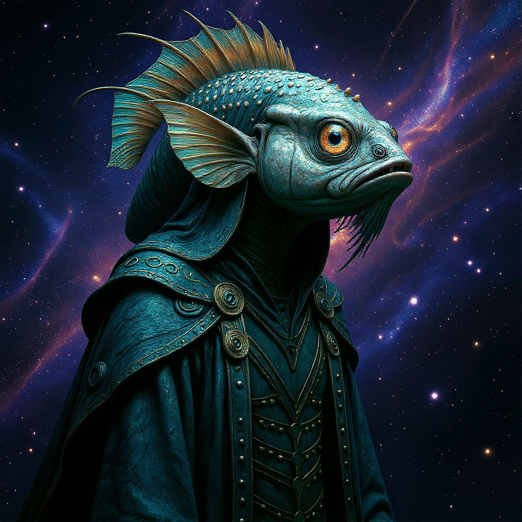 Bizarre Humanoid Fish Creature with Exposed Spine