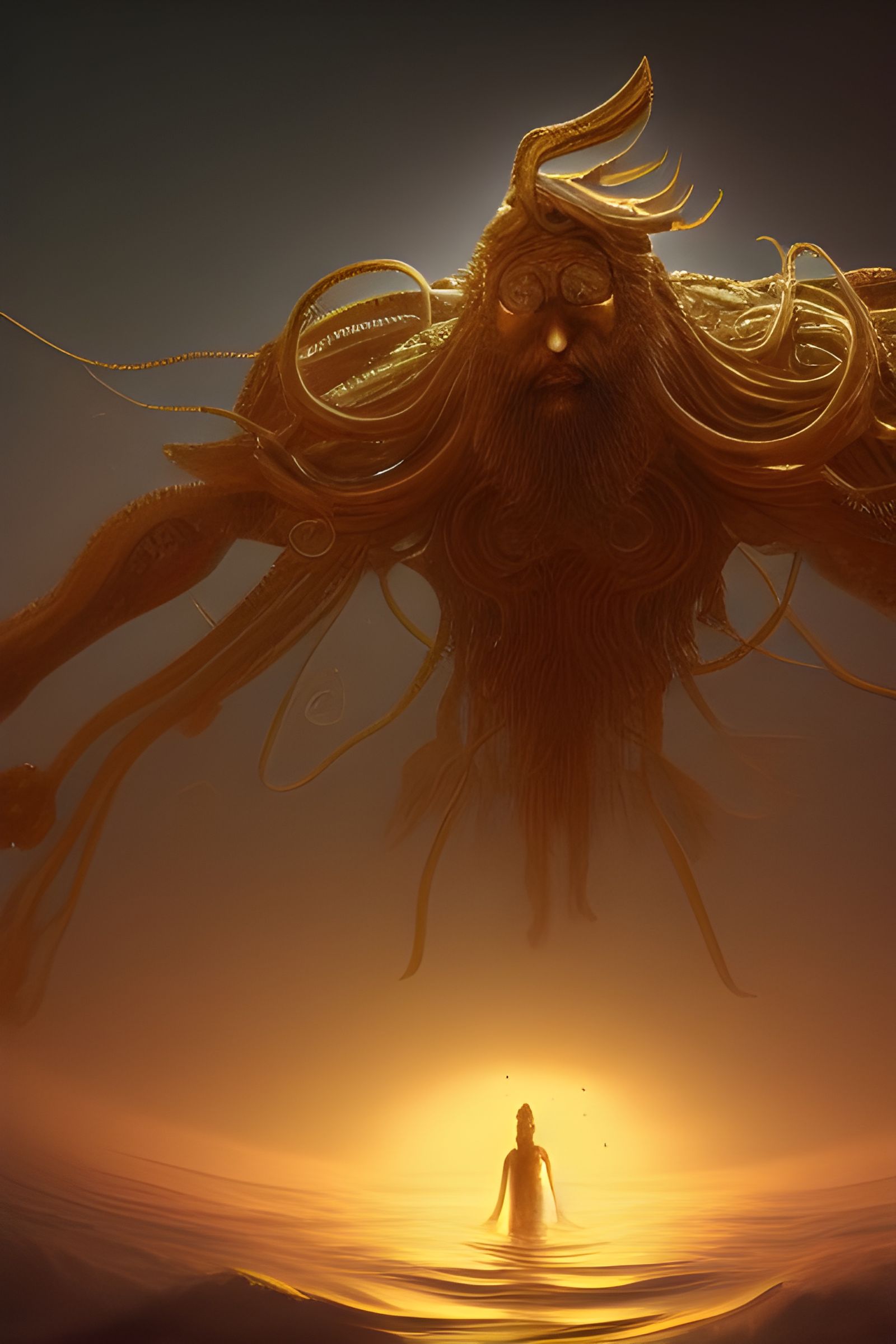 Multi-Armed God Floats in Astral Sky