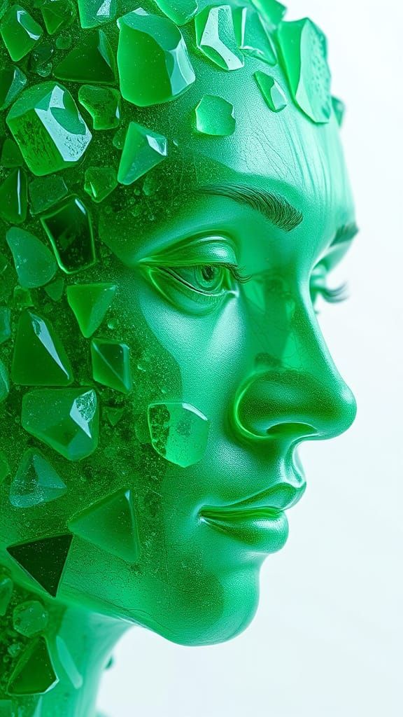 A face made of natural green seaglass, portrait.heart.💚
