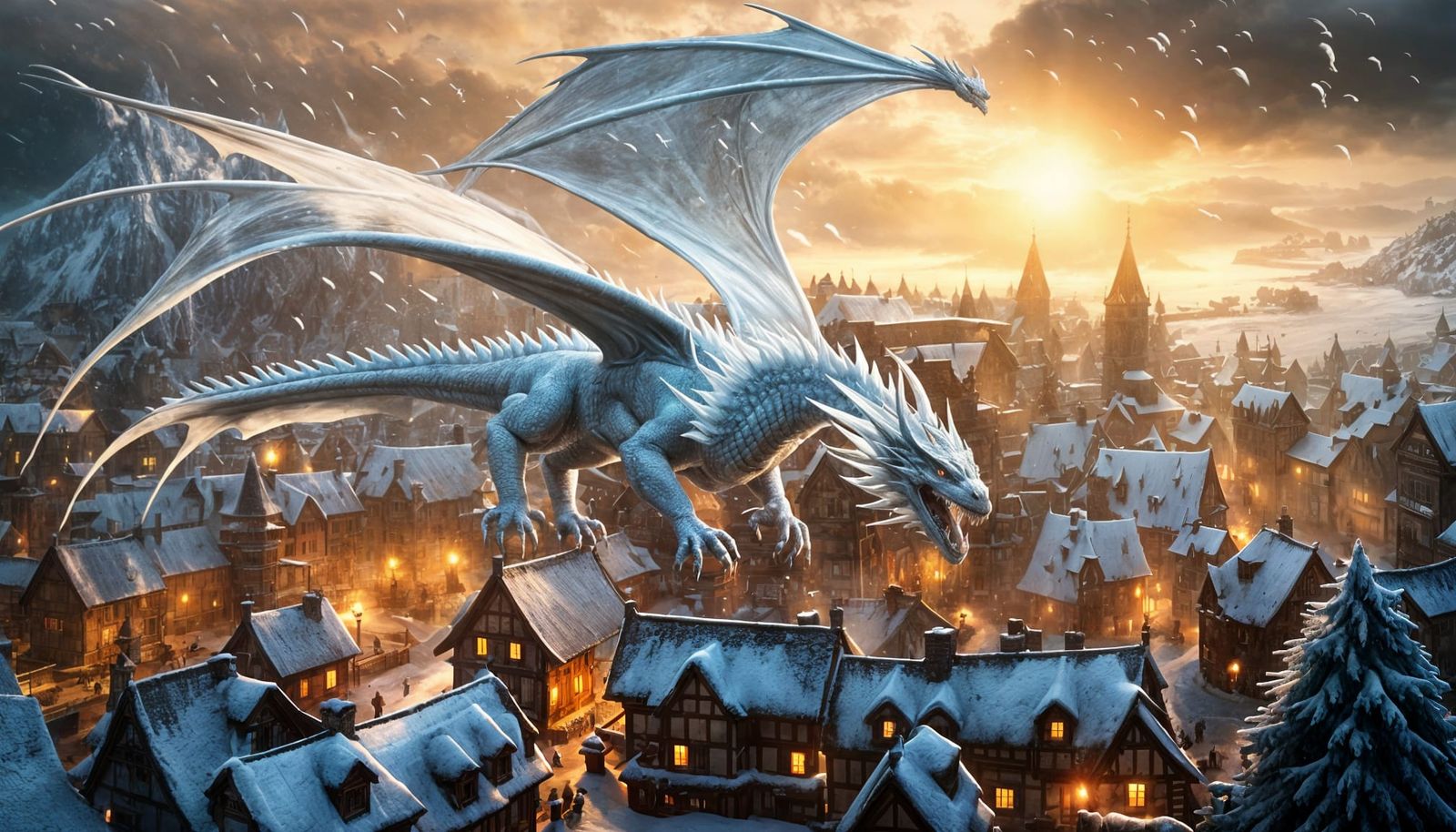 Majestic White Dragon Soaring Over Medieval Village