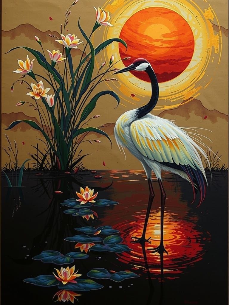 Enchanting Japanese Landscape with Red Cranes in Aquarelle S...