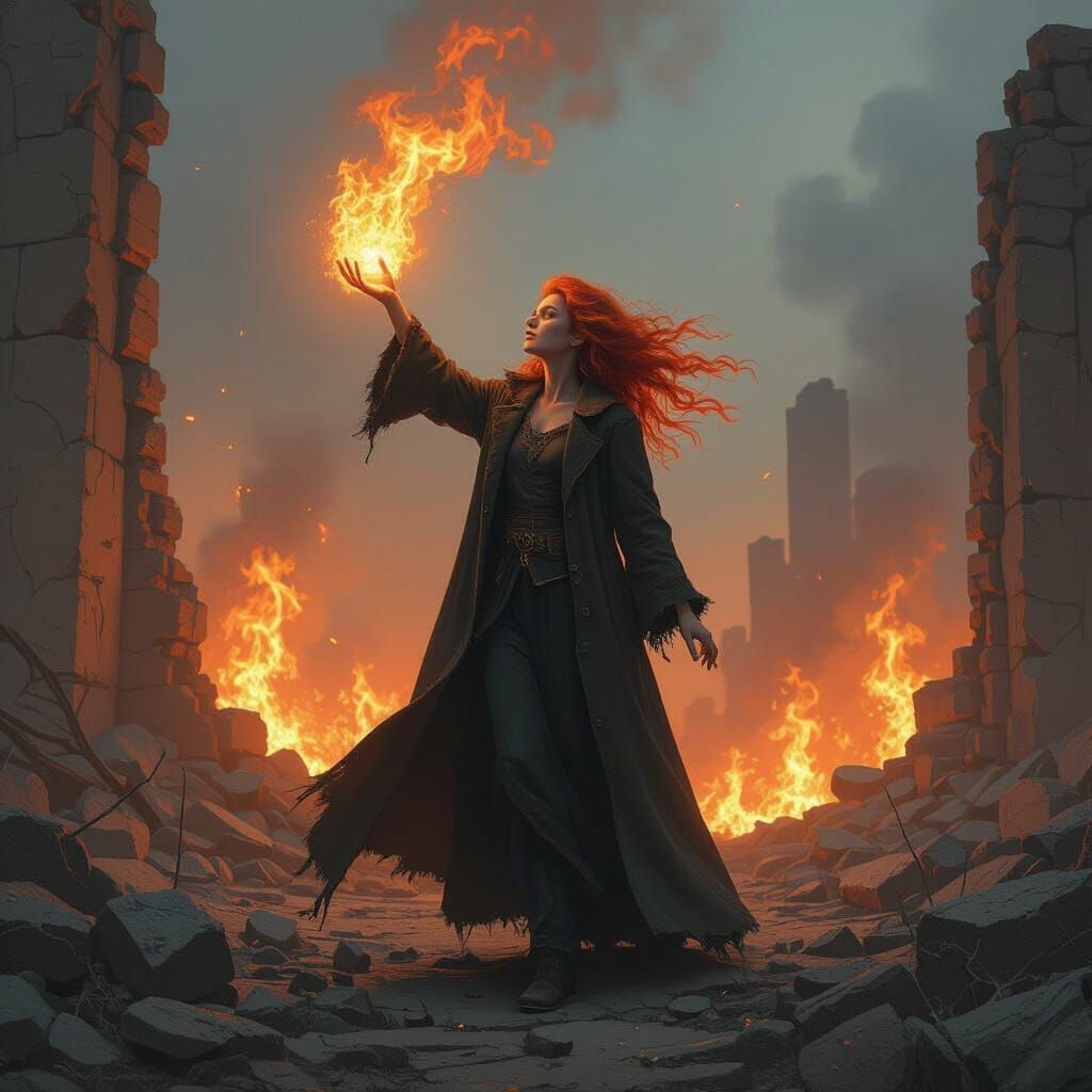 Young Fire Mage in Collapsing Ruins, Dark Fantasy Art