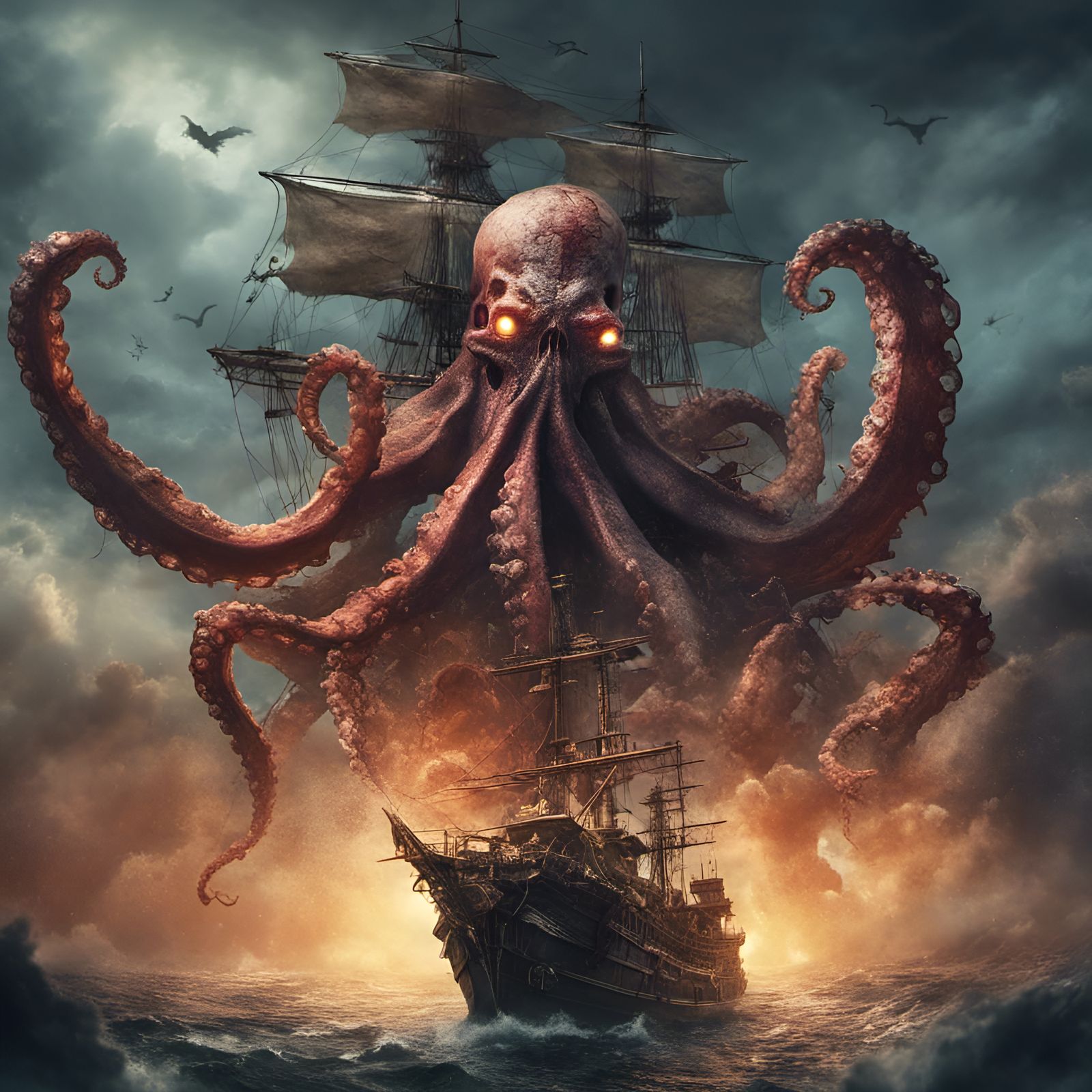 Pirate Octopus Creature Sails Wrecked Ship: Fantasy Art