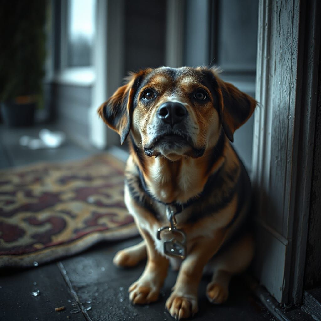 Cinematic Portrait of a Shivering Dog in Rainy Shadows