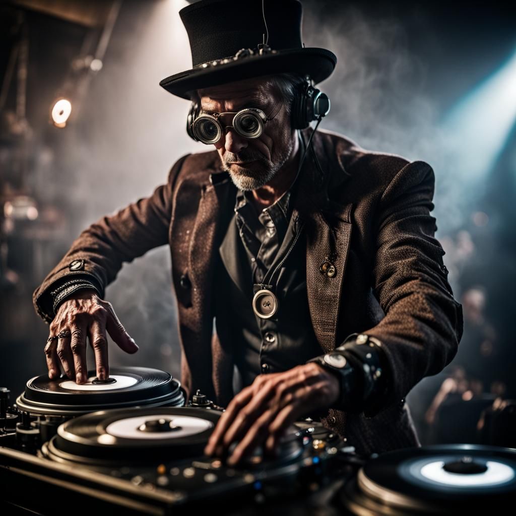 Steampunk Dj at the mixing-desk