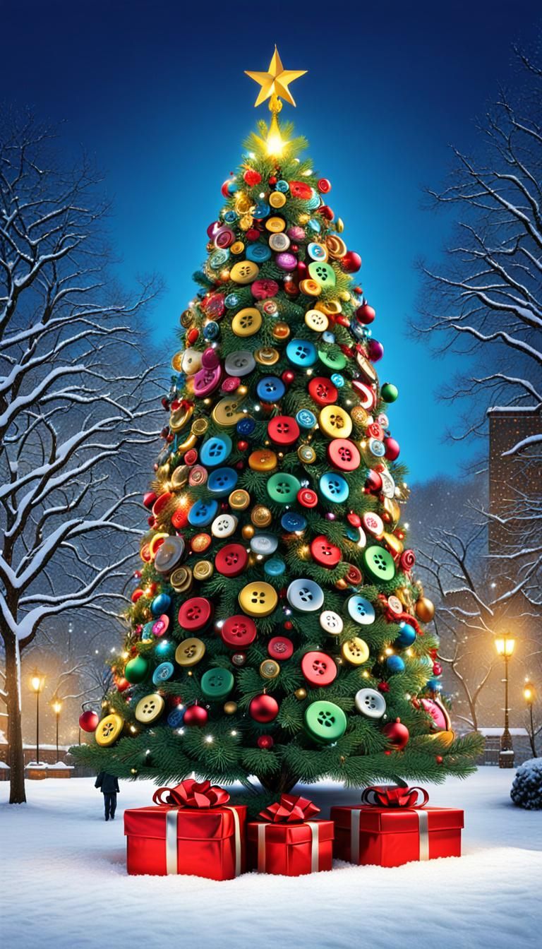 Whimsical Button Christmas Tree in Snowy Park