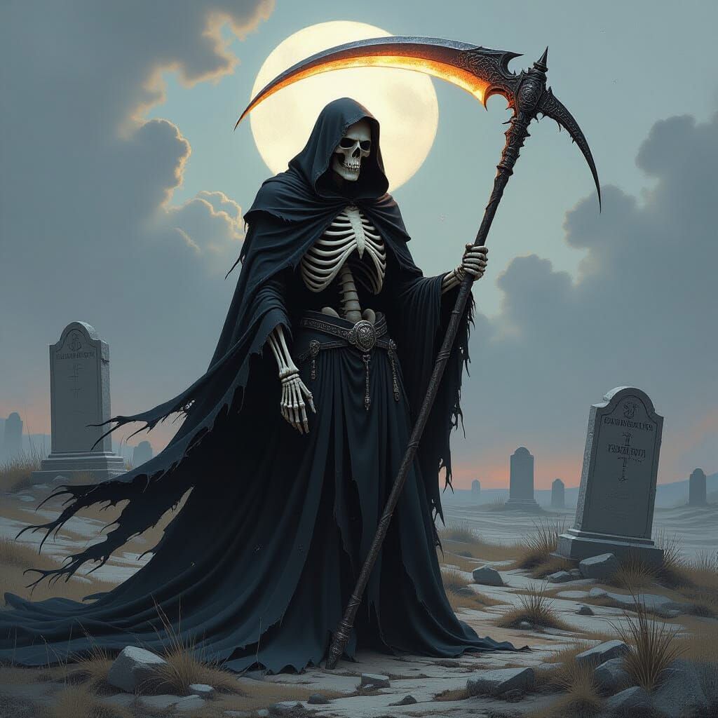 Skeletal Figure with Glowing Scythe in Dark Fantasy Landscap...