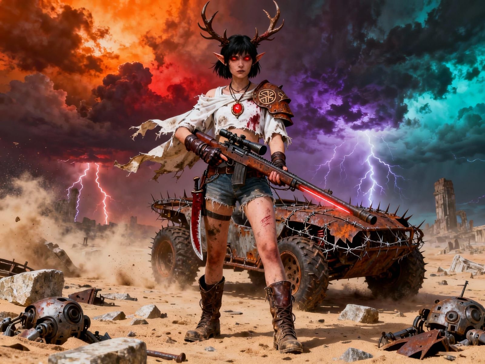 Techno-Elf Warrior in Post-Apocalyptic Wasteland