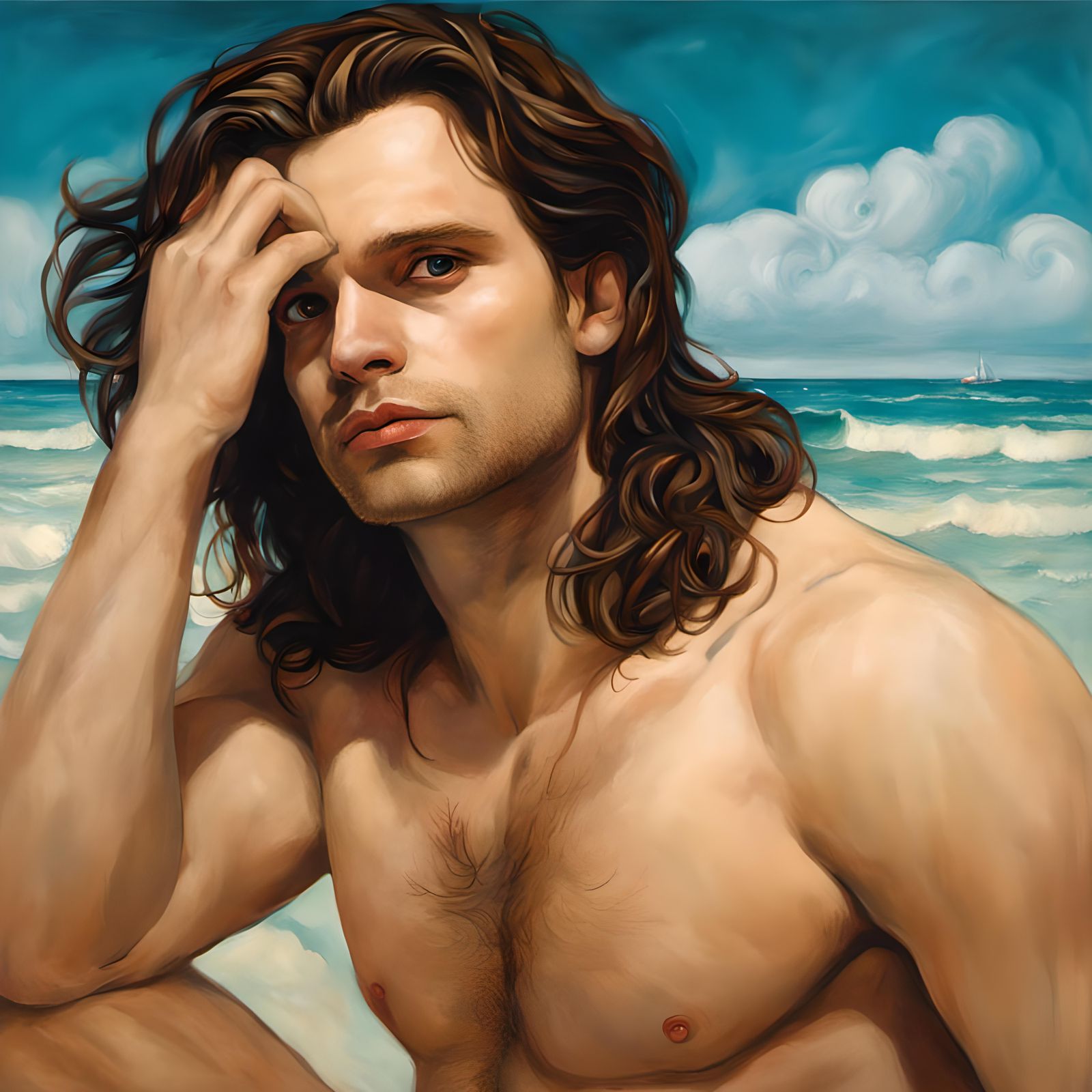 Sebastian Stan Lounges on Beach in Surrealist Style