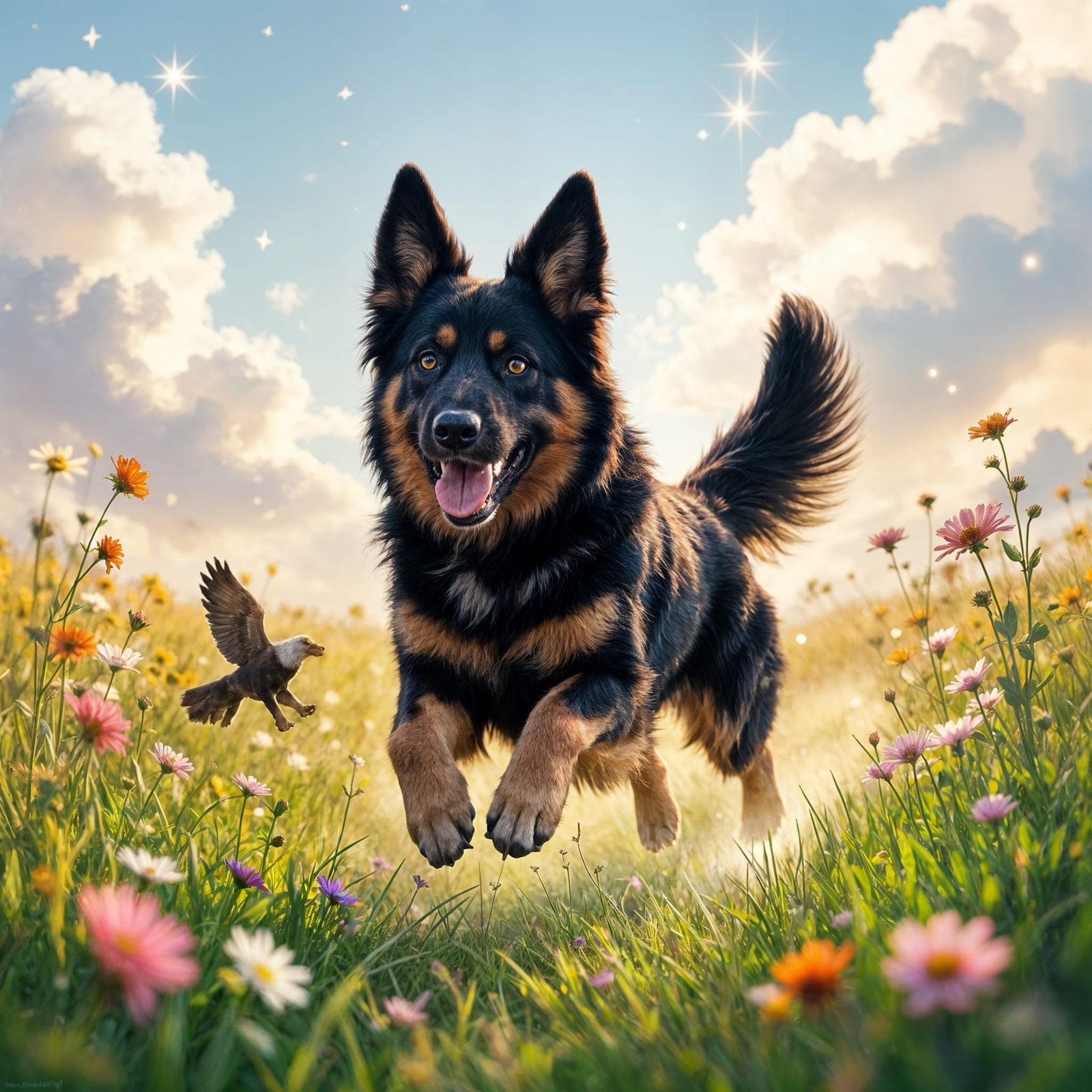 Playful German Shepherd Bounds Through Cloud Meadow