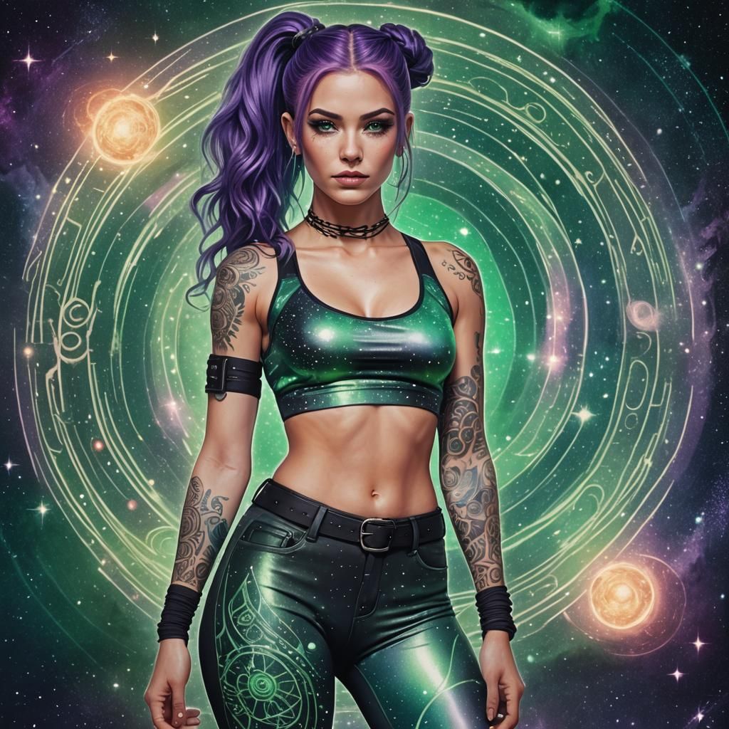 Charming Woman with Purple Hair in Astral Illustration