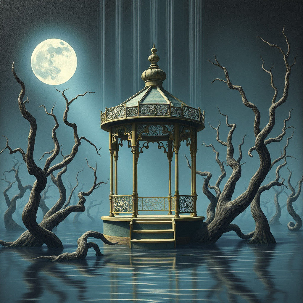 Surreal Gazebo Under Moonlight in Dreamlike Landscape