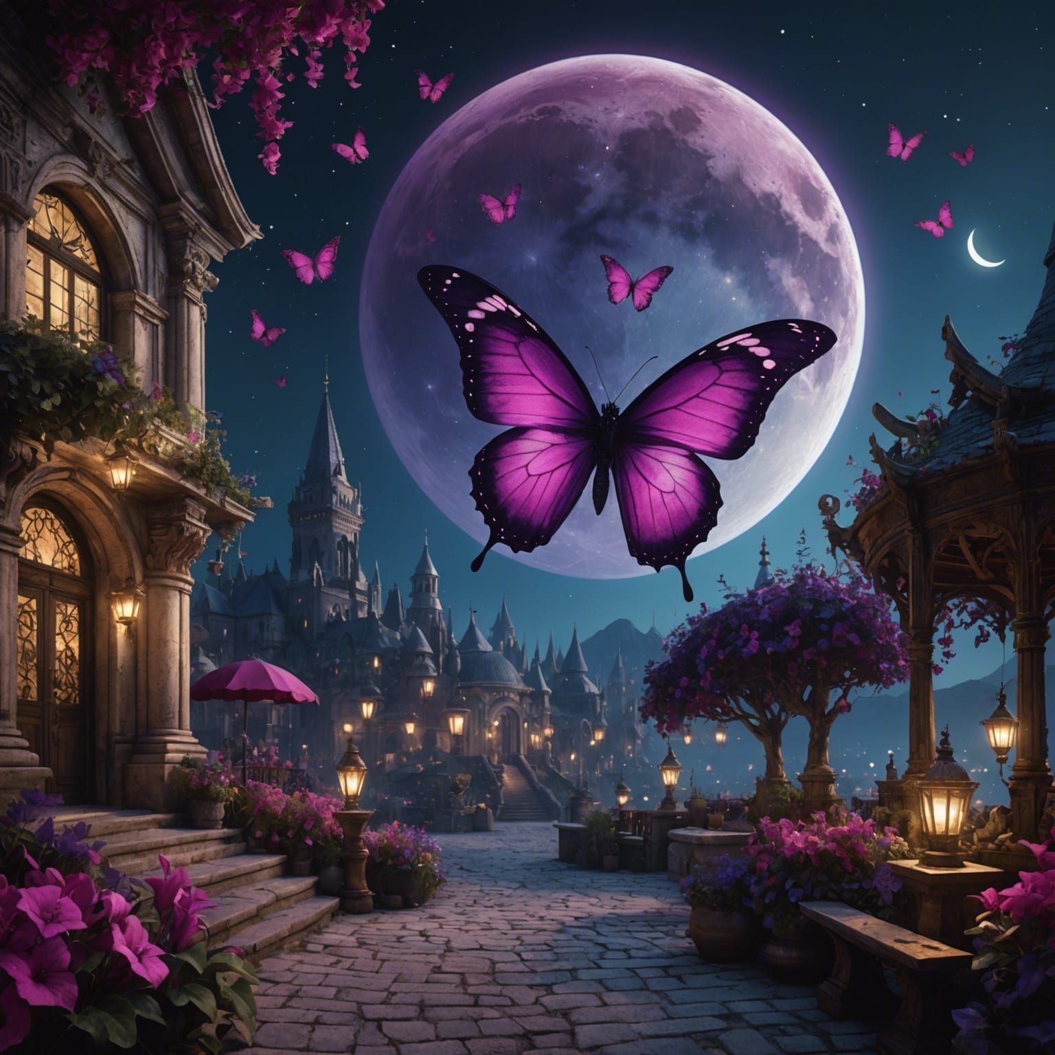 Amethyst Butterfly Against Night Sky, Detailed Digital Art