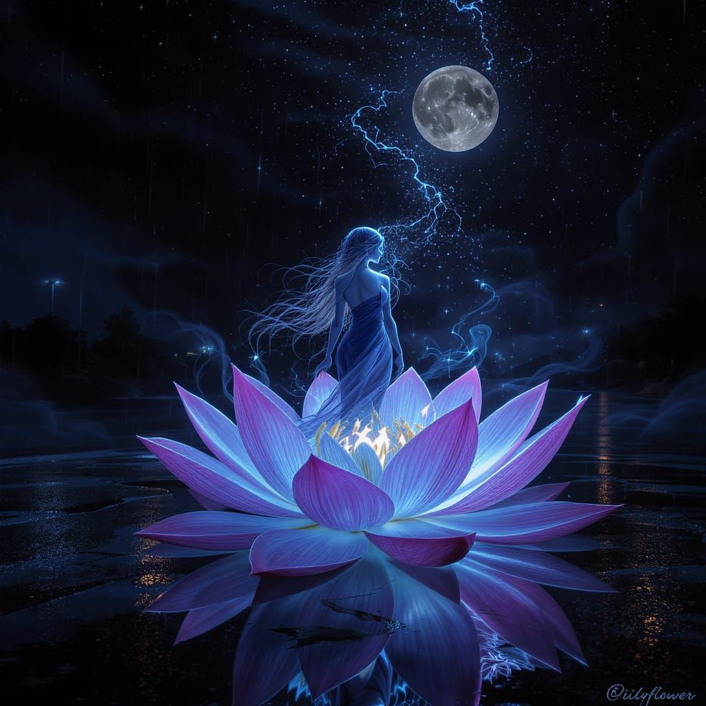 Luminous Lilyflower in a Futuristic Noir Landscape