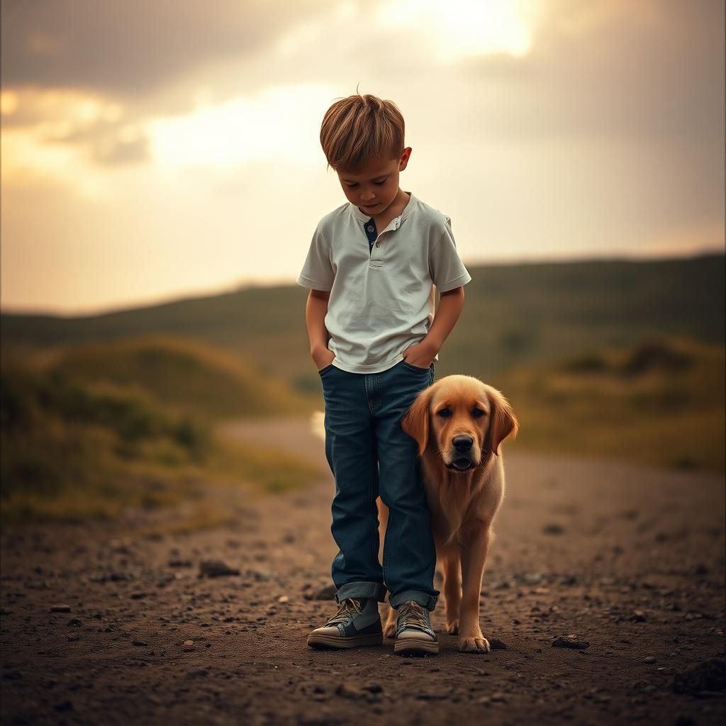Boy and Loyal Dog in Nostalgic Cinematic Style