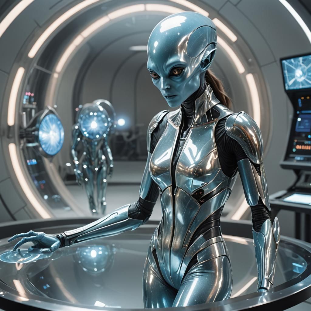 Futuristic Alien Observes Ethereal Hologram in Cyberpunk Lab...