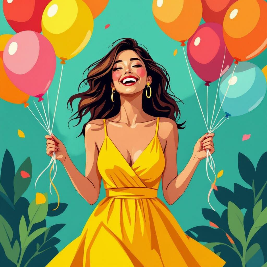 Laughing Woman in Yellow Dress with Balloons