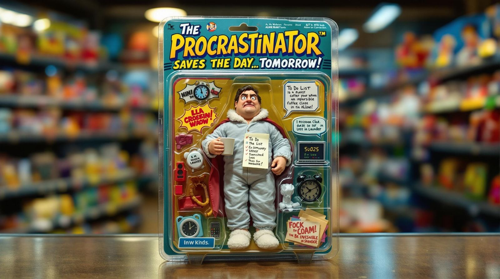 Hyper-Realistic Procrastination Action Figure in Vintage Bli...