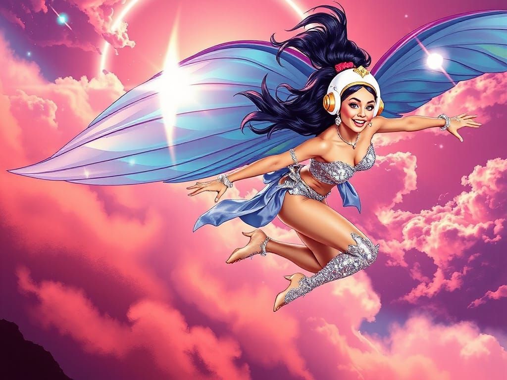 Winged Showgirl Soaring Through Cosmic Skies