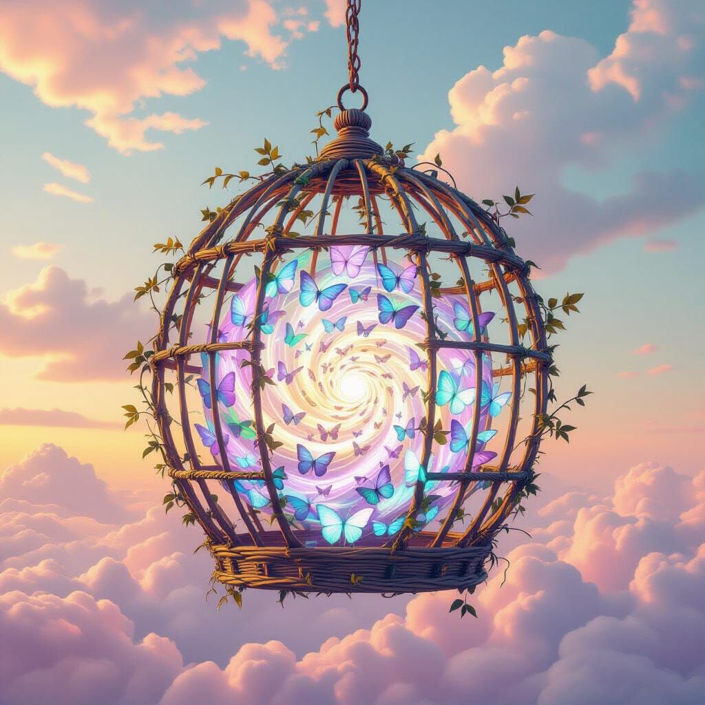 Surreal Butterfly Vortex in Dreamlike Birdcage