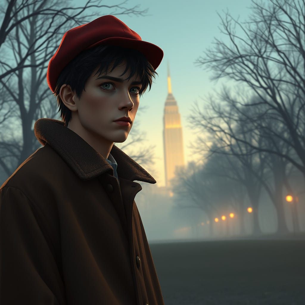 Serene Holden Caulfield in Central Park Dusk, Anime-Inspired...