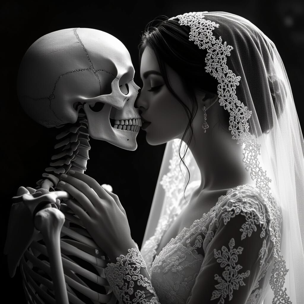 Bride Kissing Skeleton in Black and White Fantasy Art