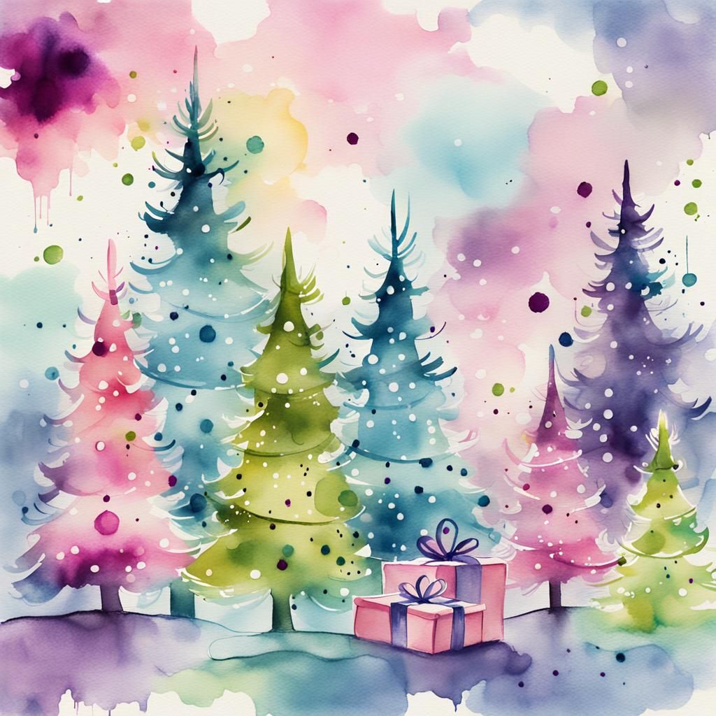 Whimsical Christmas Trees in Watercolor Ink Wash