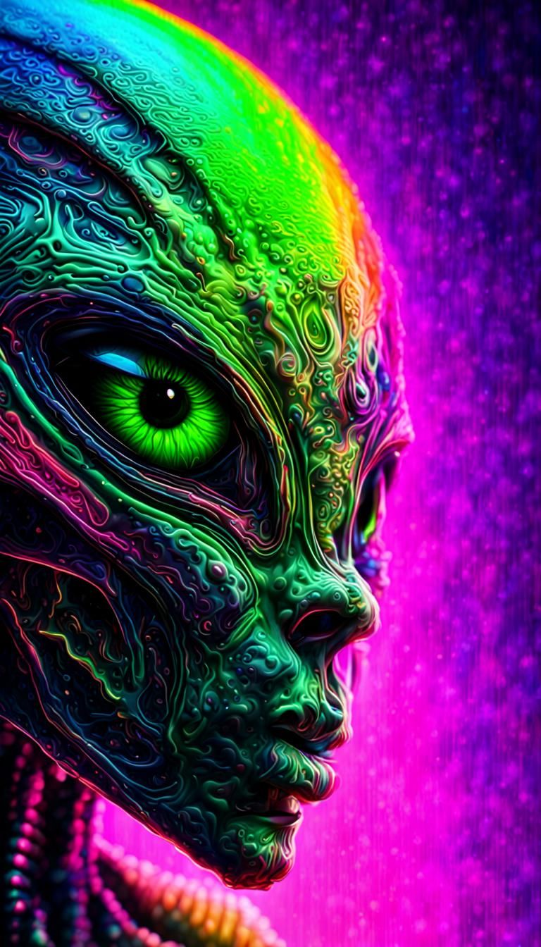 Hyperrealistic Alien with Neon Rainbow Outline