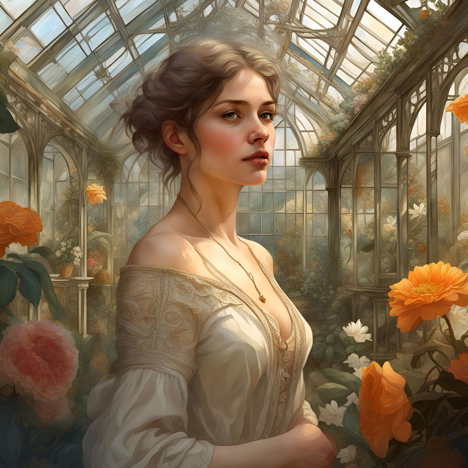 Young Woman in Greenhouse, Art Nouveau Style