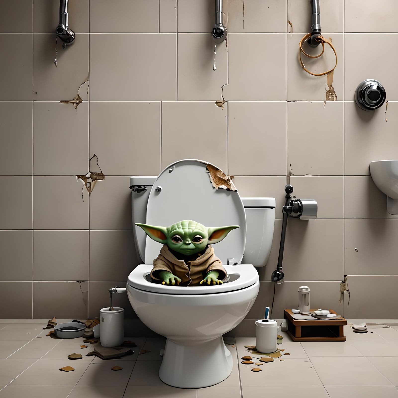 Baby Yoda on Toilet: Detailed Matte Painting