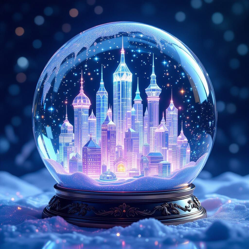 Molten Glass City Inside Refracted Snow Globe