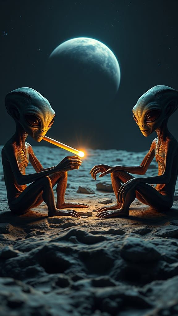 Aliens Smoking on Moon Realistic Digital Art