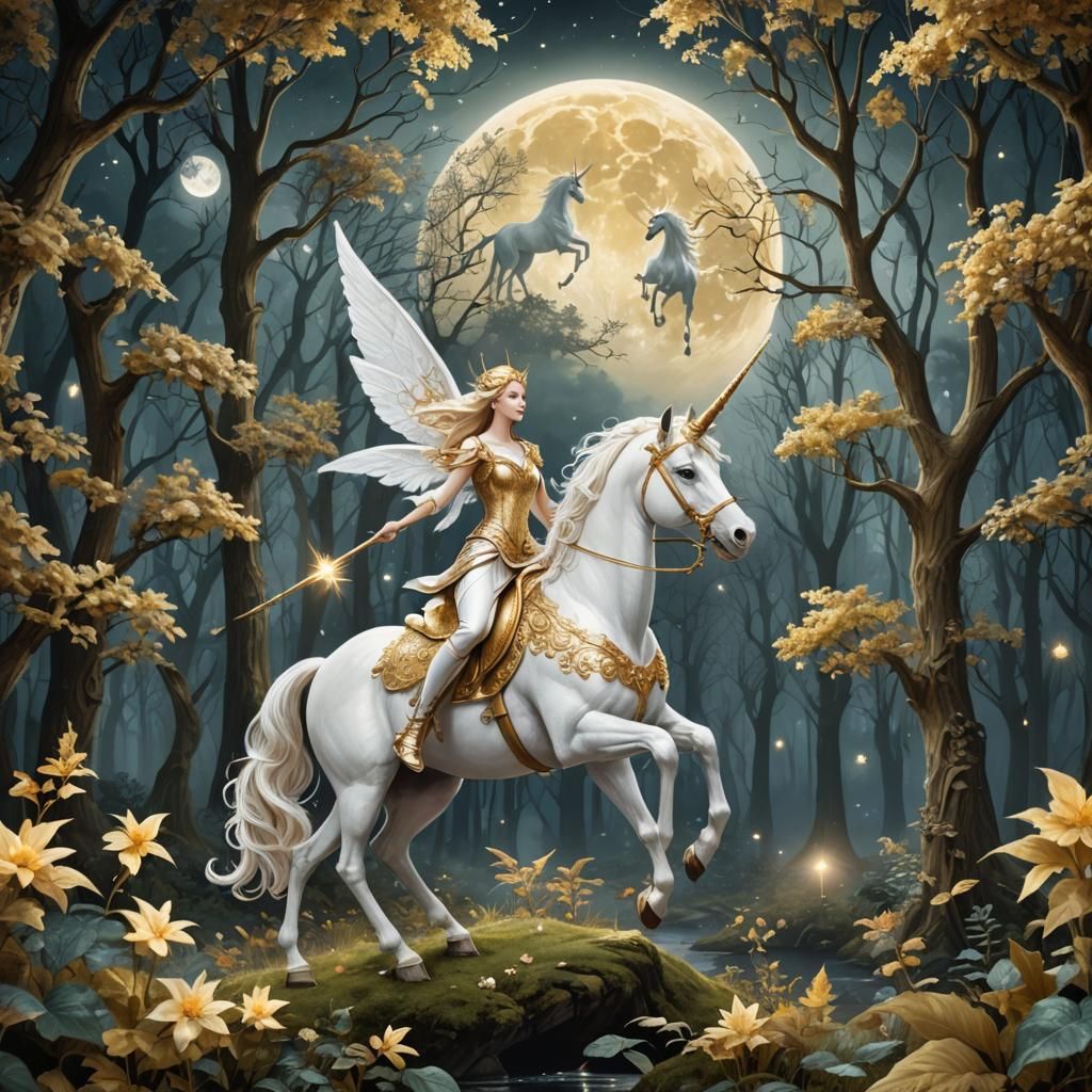 Fairy Riding Unicorn in Mystical Moonlight Forest
