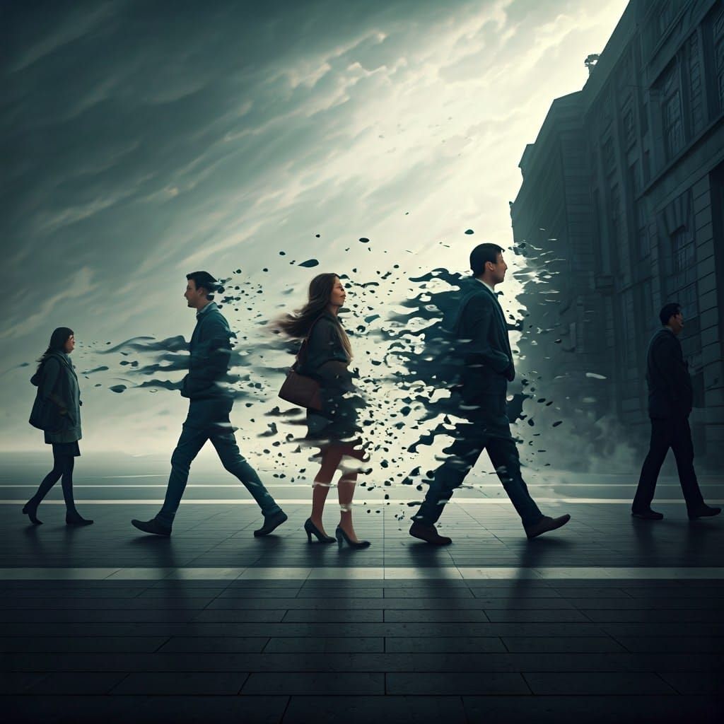 People Disintegrating on a Street: A Surreal Scene