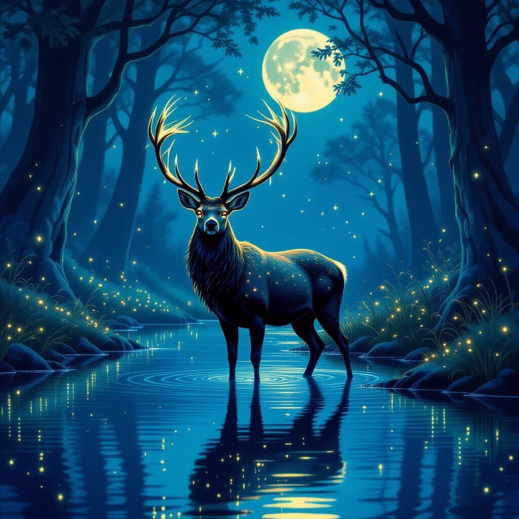 Luminous Star-Adorned Stag in Moonlit Lake