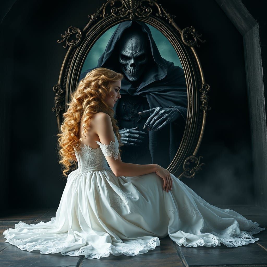 Woman in White Gown Confronts Dark Figure in Ornate Mirror