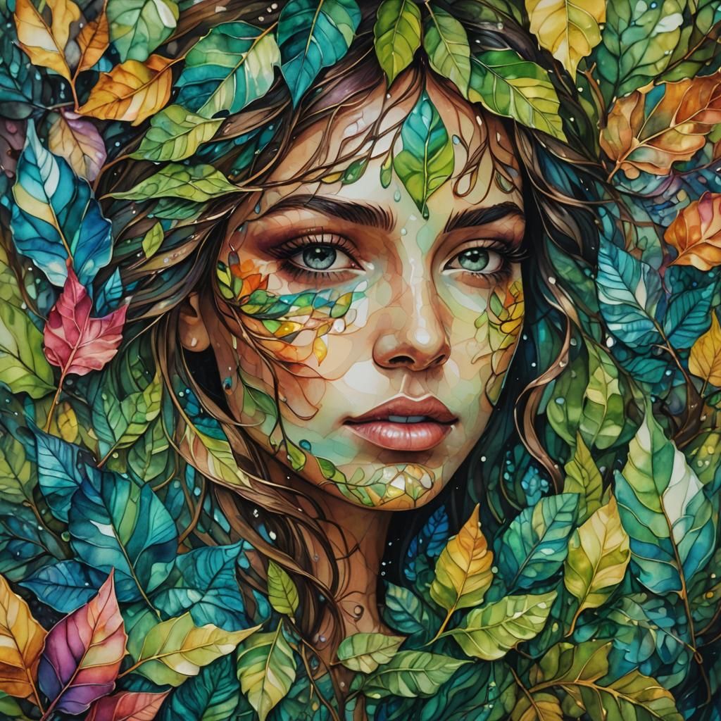 Ethereal Forest Face Composed of Leaves in Visionary Art