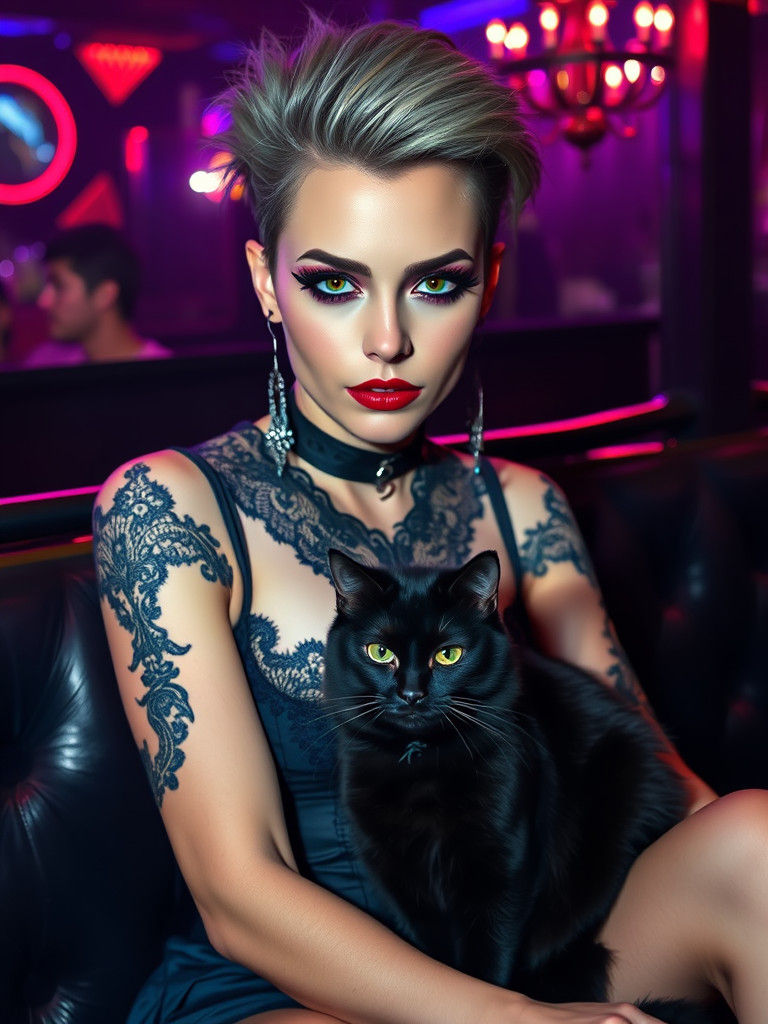 Punk Woman with Cat in Gothic Club Portrait