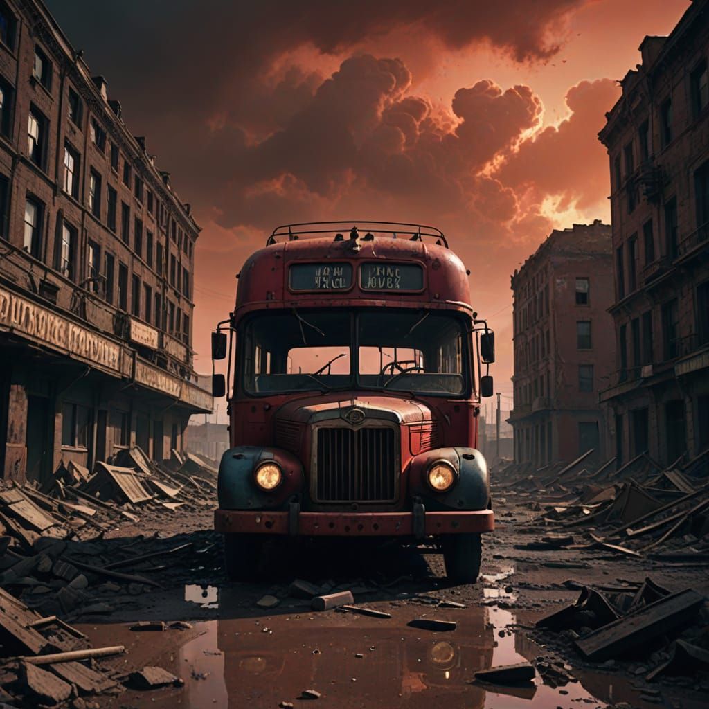 Vintage Omnibus in Apocalyptic City Under Blood-Red Sky
