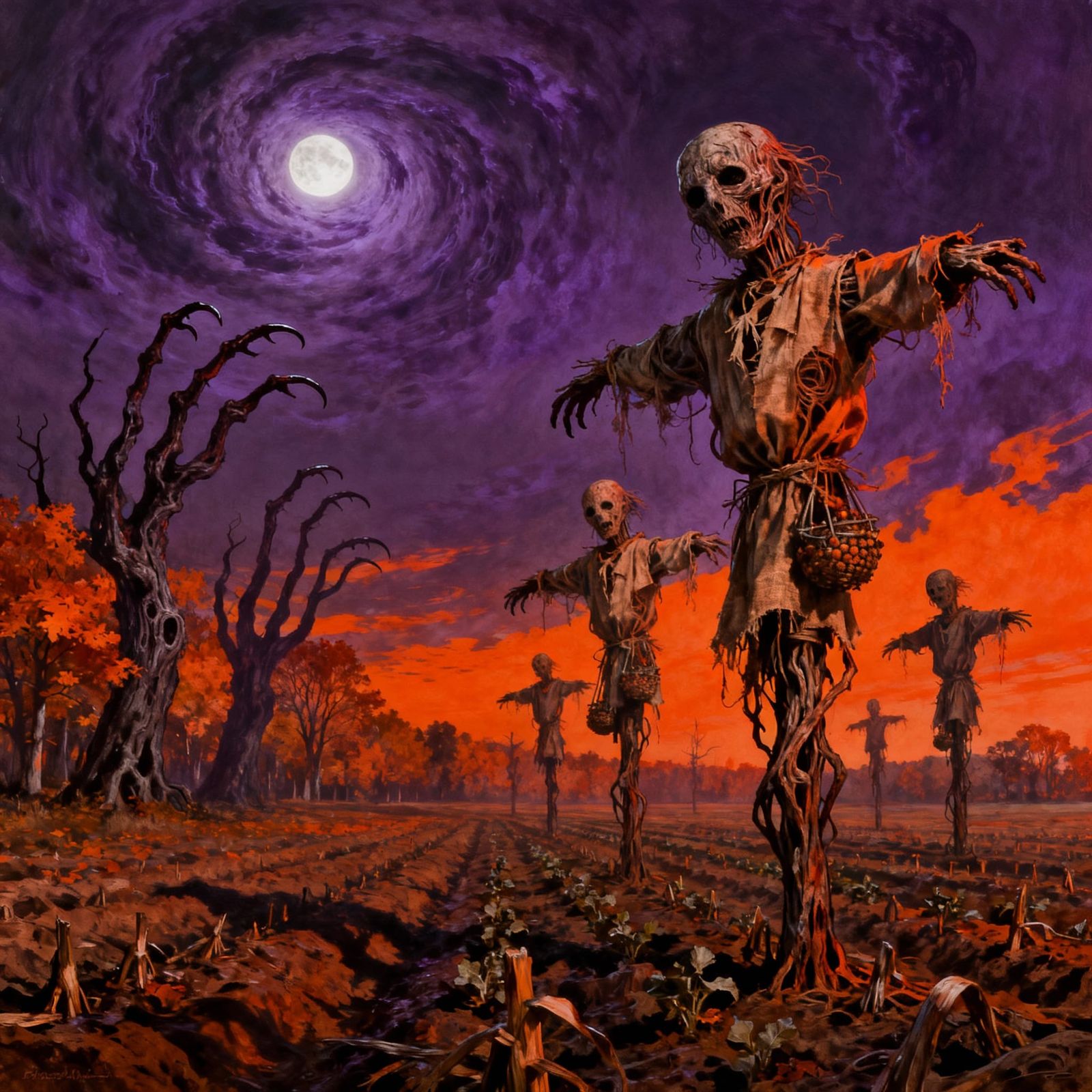 Nightmarish Autumn Harvest with Terrifying Scarecrows
