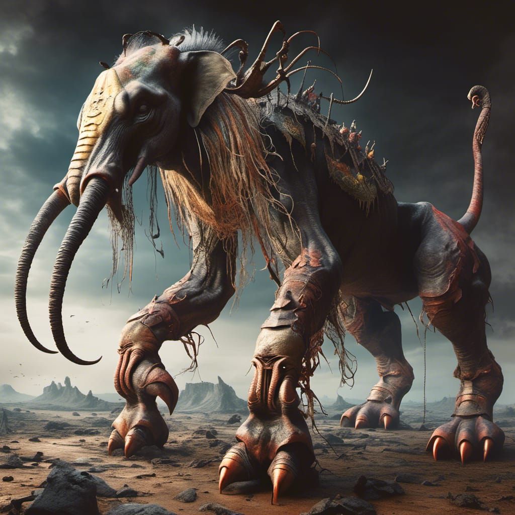 Elephant Scorpion Mantis Krampus in Surreal Ruins