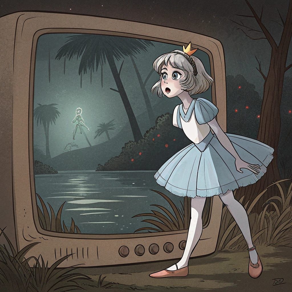 Whimsical Princess on a Dark Lake, Vintage Cartoon Style
