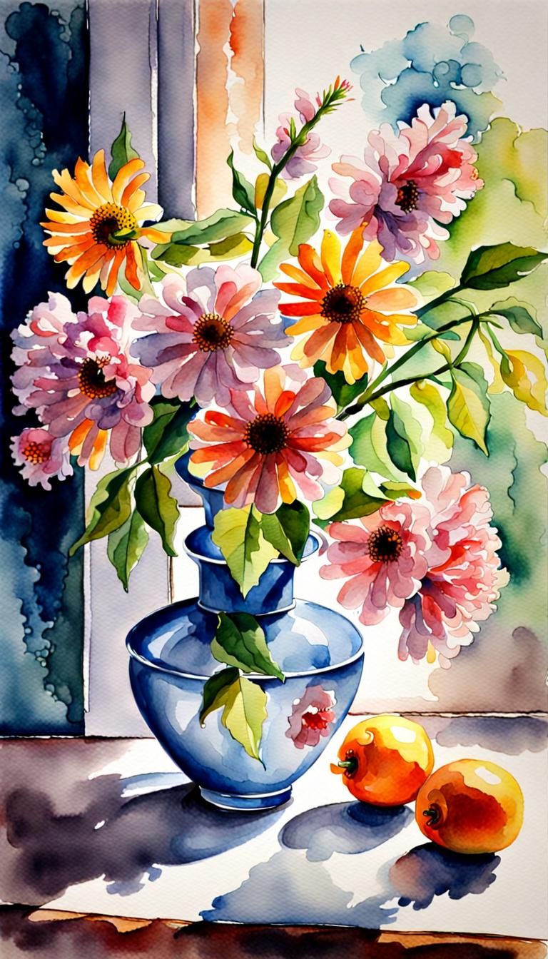 Detailed Watercolor Still Life of Flowers