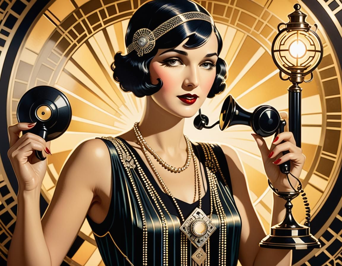 Flapper Girl with Telephone in Art Deco Style