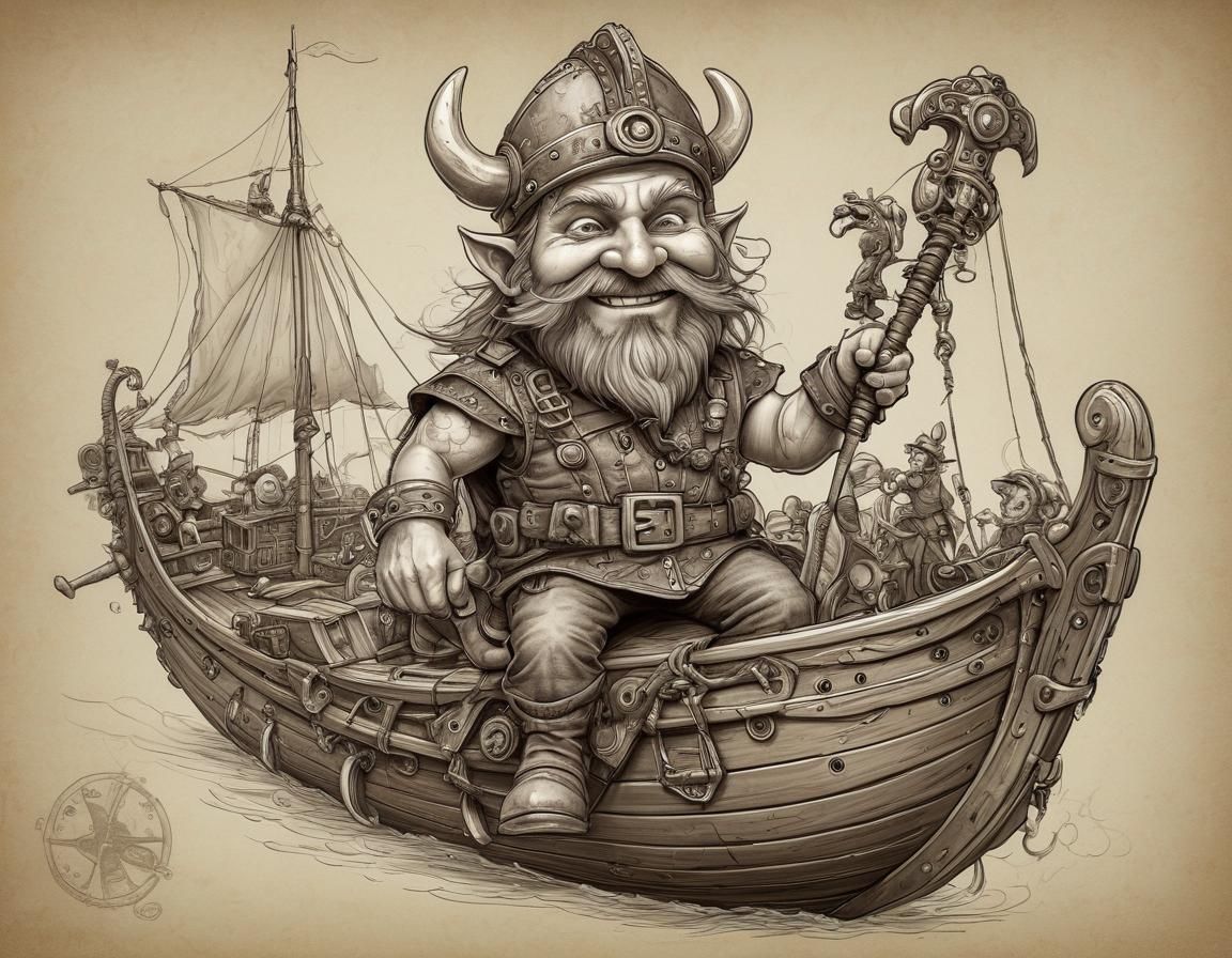 Wacky Steampunk Viking on Longship Caricature