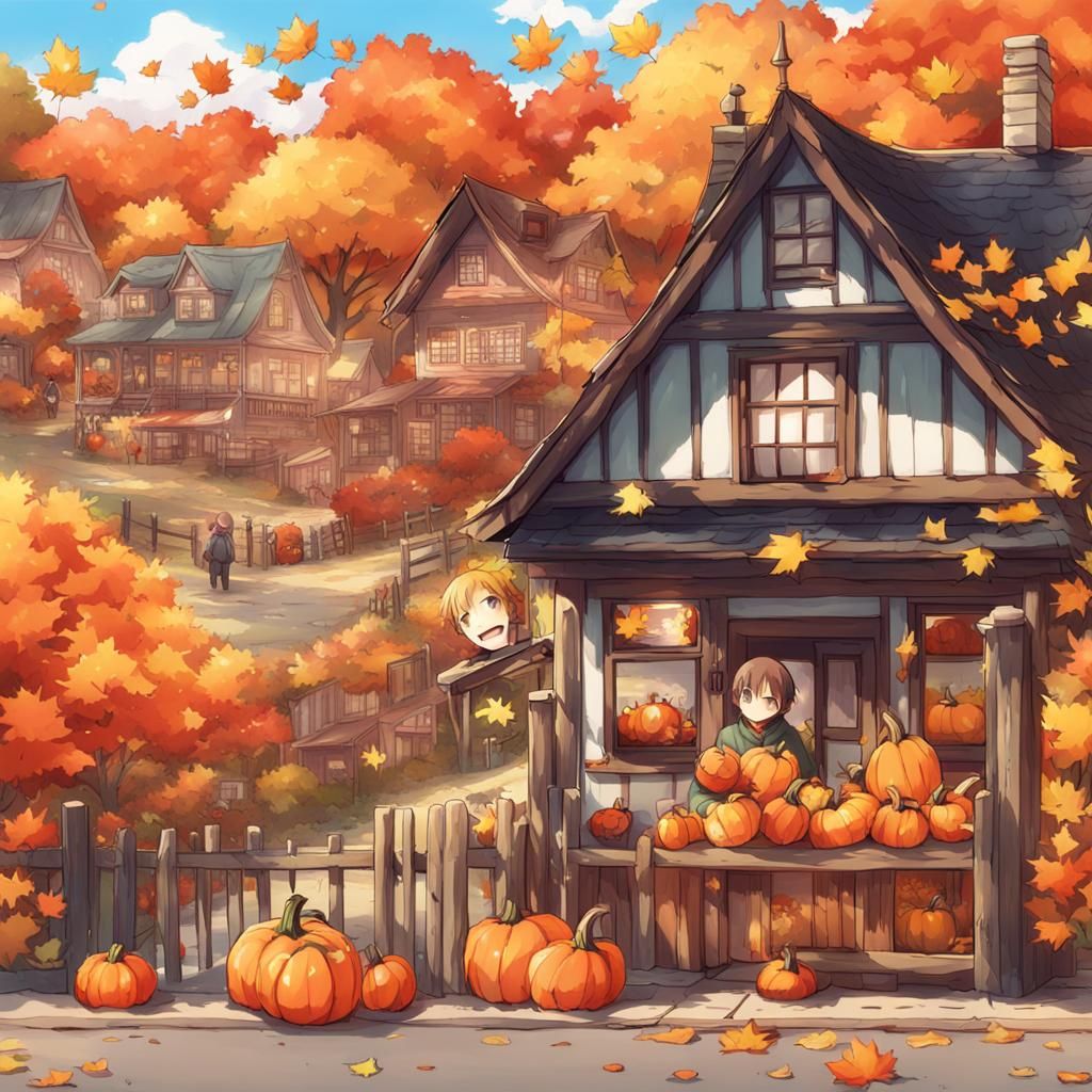 Cozy Vermont Town in Autumn, Anime Style